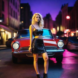 A stylish blonde girl with tousled hair, wearing a sleek black crop top and a sparkling mini skirt adorned with sequins, striking a confident pose beside a vintage red convertible car