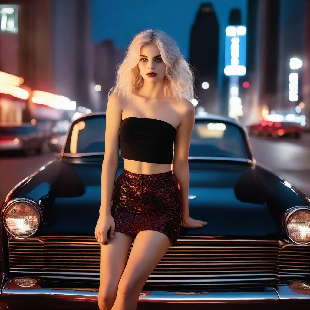 A stylish blonde girl with tousled hair, wearing a sleek black crop top and a sparkling mini skirt adorned with sequins, striking a confident pose beside a vintage red convertible car