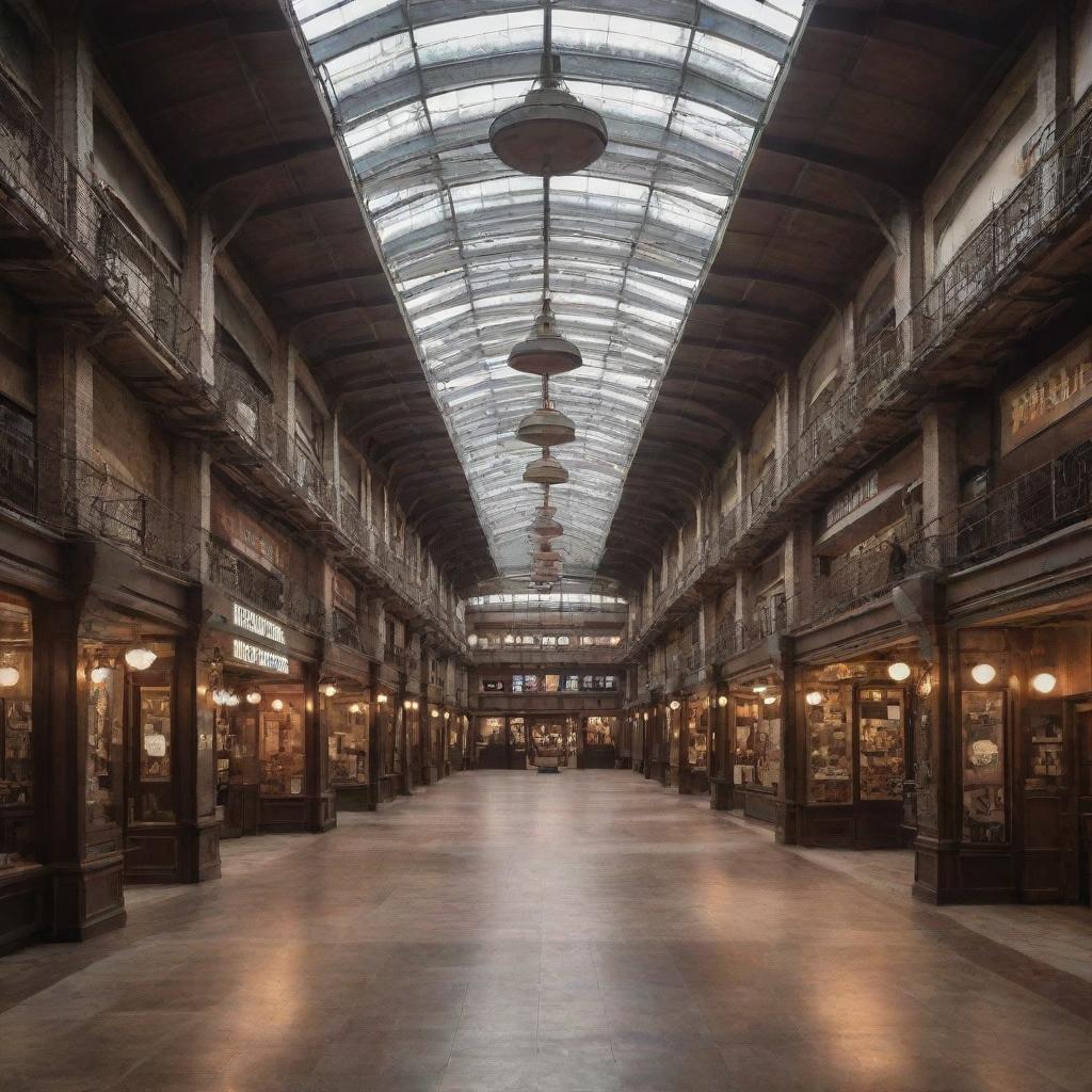 An interior view of a shopping mall under a dieselpunk influence, with a blend of grit, vintage aesthetics, rusted iron fixtures, and retro-stylized storefronts.