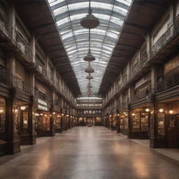 An interior view of a shopping mall under a dieselpunk influence, with a blend of grit, vintage aesthetics, rusted iron fixtures, and retro-stylized storefronts.