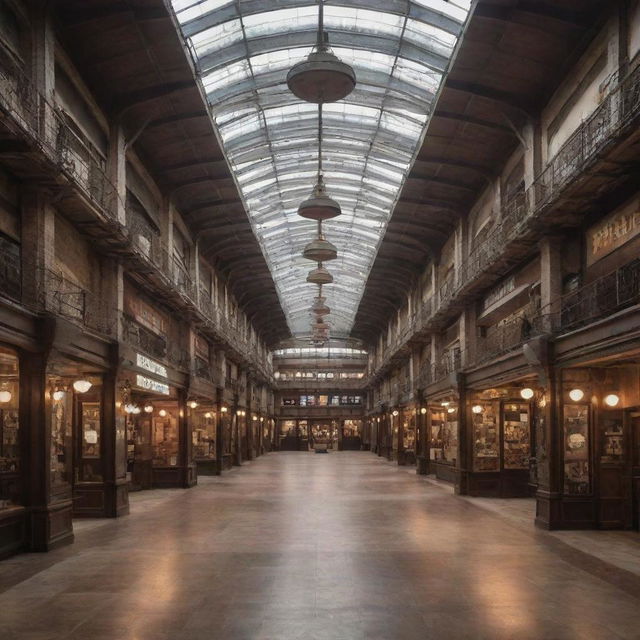 An interior view of a shopping mall under a dieselpunk influence, with a blend of grit, vintage aesthetics, rusted iron fixtures, and retro-stylized storefronts.