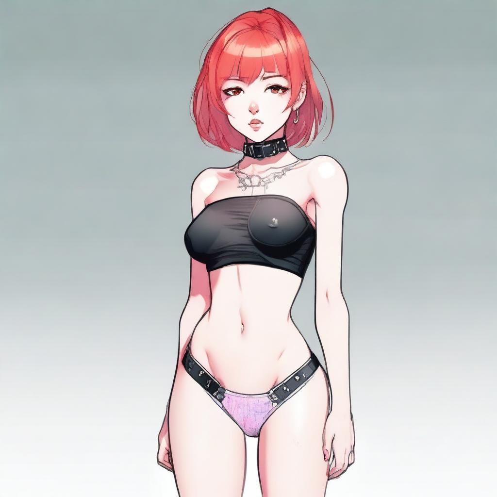 A detailed illustration of a young femboy with red hair styled in a bob haircut