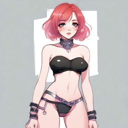 A detailed illustration of a young femboy with red hair styled in a bob haircut