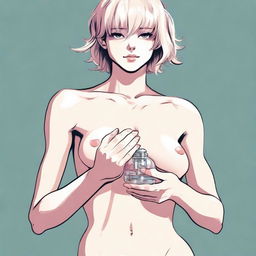 A detailed illustration of a naked femboy holding a chastity cage in their hands