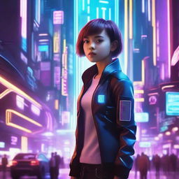 A young girl with short hair standing in a futuristic sci-fi setting