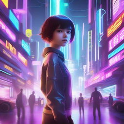 A young girl with short hair standing in a futuristic sci-fi setting