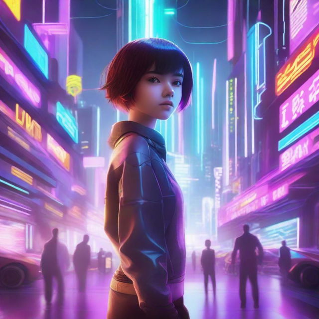 A young girl with short hair standing in a futuristic sci-fi setting