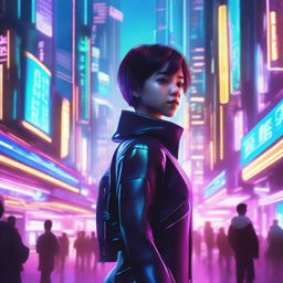 A young girl with short hair standing in a futuristic sci-fi setting