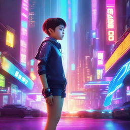 A young girl with short hair standing in a futuristic sci-fi setting