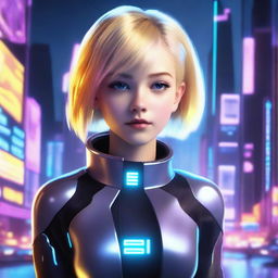 A blonde teenager with short hair in a futuristic sci-fi setting