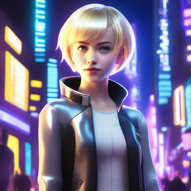 A blonde teenager with short hair in a futuristic sci-fi setting