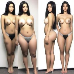 A 16-year-old girl with 46-inch hips, 27-inch waist, 39-inch bust, and 29-inch weight, standing and showing her body from all sides