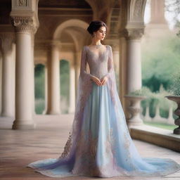 A soft, misty background in shades of pale blue and purple, evoking a sense of romance and royalty