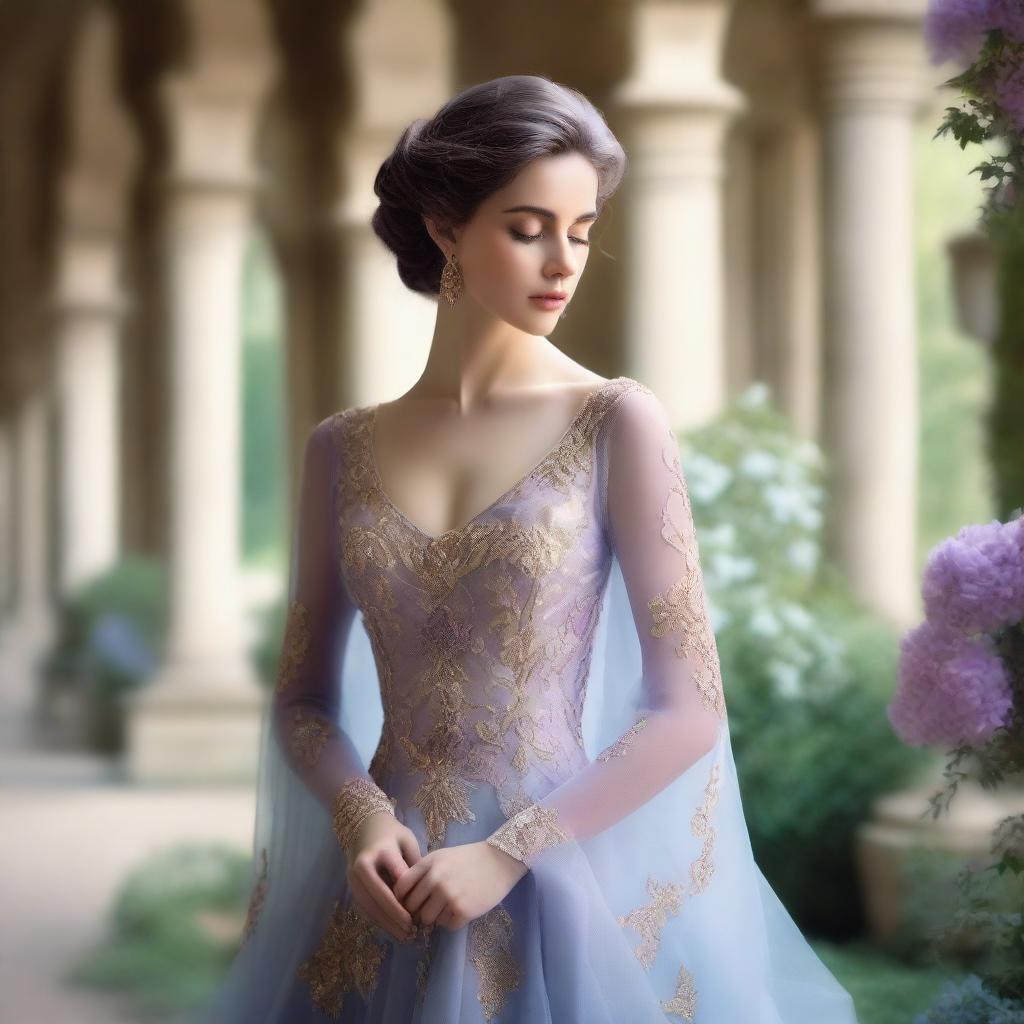 A soft, misty background in shades of pale blue and purple, evoking a sense of romance and royalty