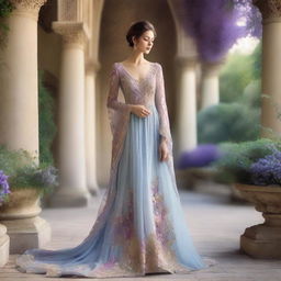 A soft, misty background in shades of pale blue and purple, evoking a sense of romance and royalty