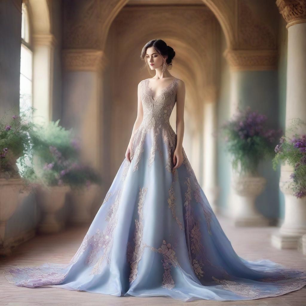 A soft, misty background in shades of pale blue and purple, evoking a sense of romance and royalty