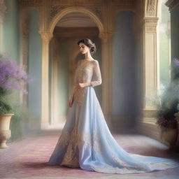 A soft, misty background in shades of pale blue and purple, evoking a sense of romance and royalty