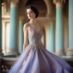 A soft, misty background in shades of pale blue and purple, evoking a sense of romance and royalty