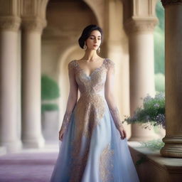 A soft, misty background in shades of pale blue and purple, evoking a sense of romance and royalty