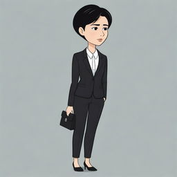 A sad cartoon woman with short black hair, dressed in a sleek business suit and black pants.