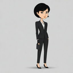 A sad cartoon woman with short black hair, dressed in a sleek business suit and black pants.