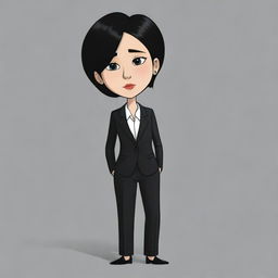 A sad cartoon woman with short black hair, dressed in a sleek business suit and black pants.