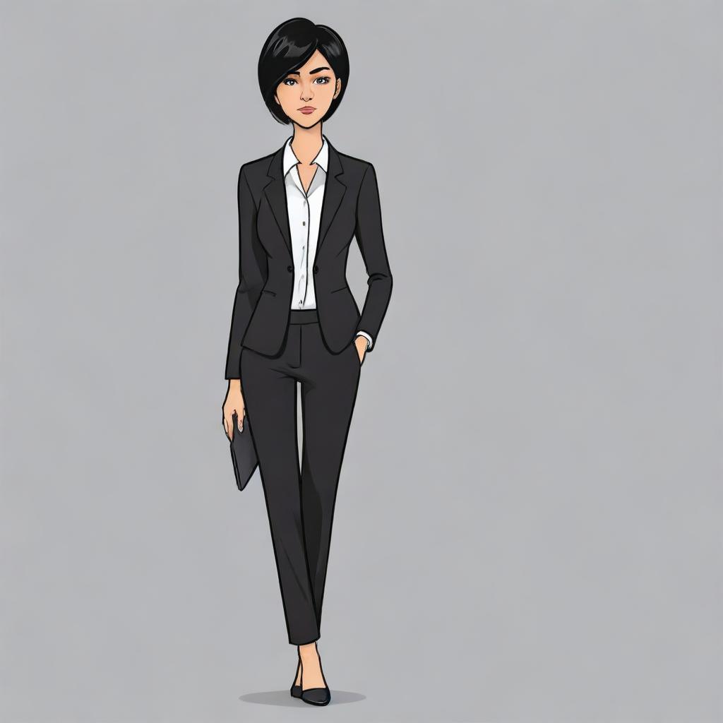 A sad cartoon woman with short black hair, dressed in a sleek business suit and black pants.