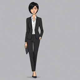 A sad cartoon woman with short black hair, dressed in a sleek business suit and black pants.