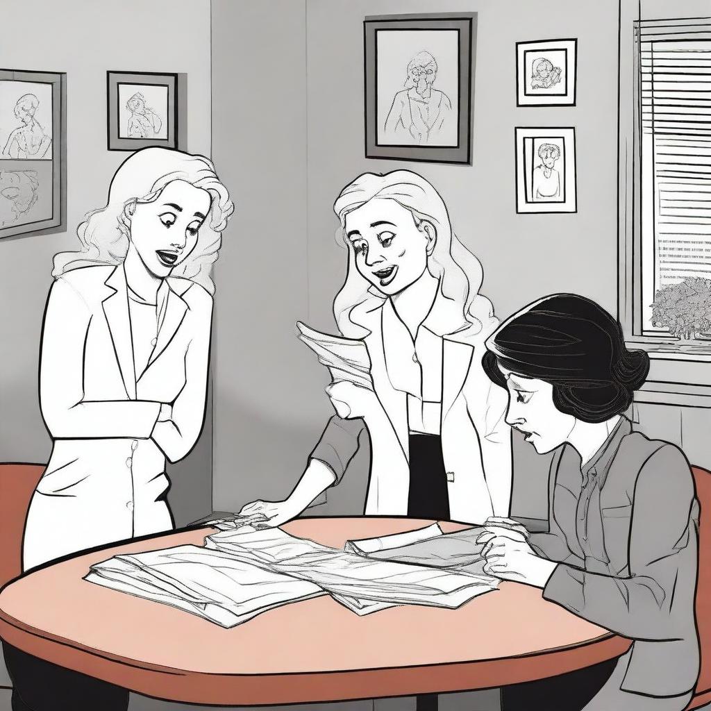 Create an illustrated scene full of comedic suspense, featuring women in a light-hearted and humorous situation