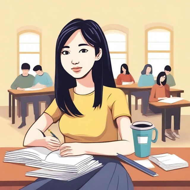 Create an illustration of a single Asian female set in a college environment