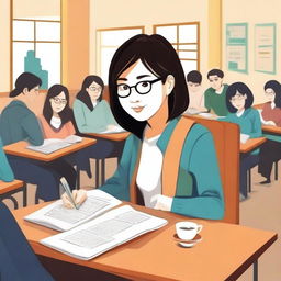 Create an illustration of a single Asian female set in a college environment