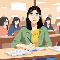 Create an illustration of a single Asian female set in a college environment