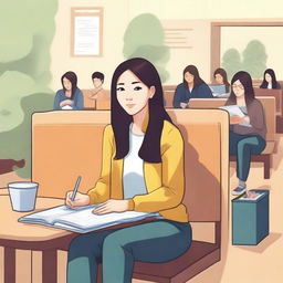 Create an illustration of a single Asian female set in a college environment