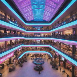 An inside view of a shopping mall steeped in an electropunk revisioning, pulsing with vibrant neon lights, futuristic displays, and an array of shops gleaming with digital screens.