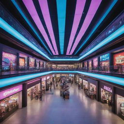 An inside view of a shopping mall steeped in an electropunk revisioning, pulsing with vibrant neon lights, futuristic displays, and an array of shops gleaming with digital screens.