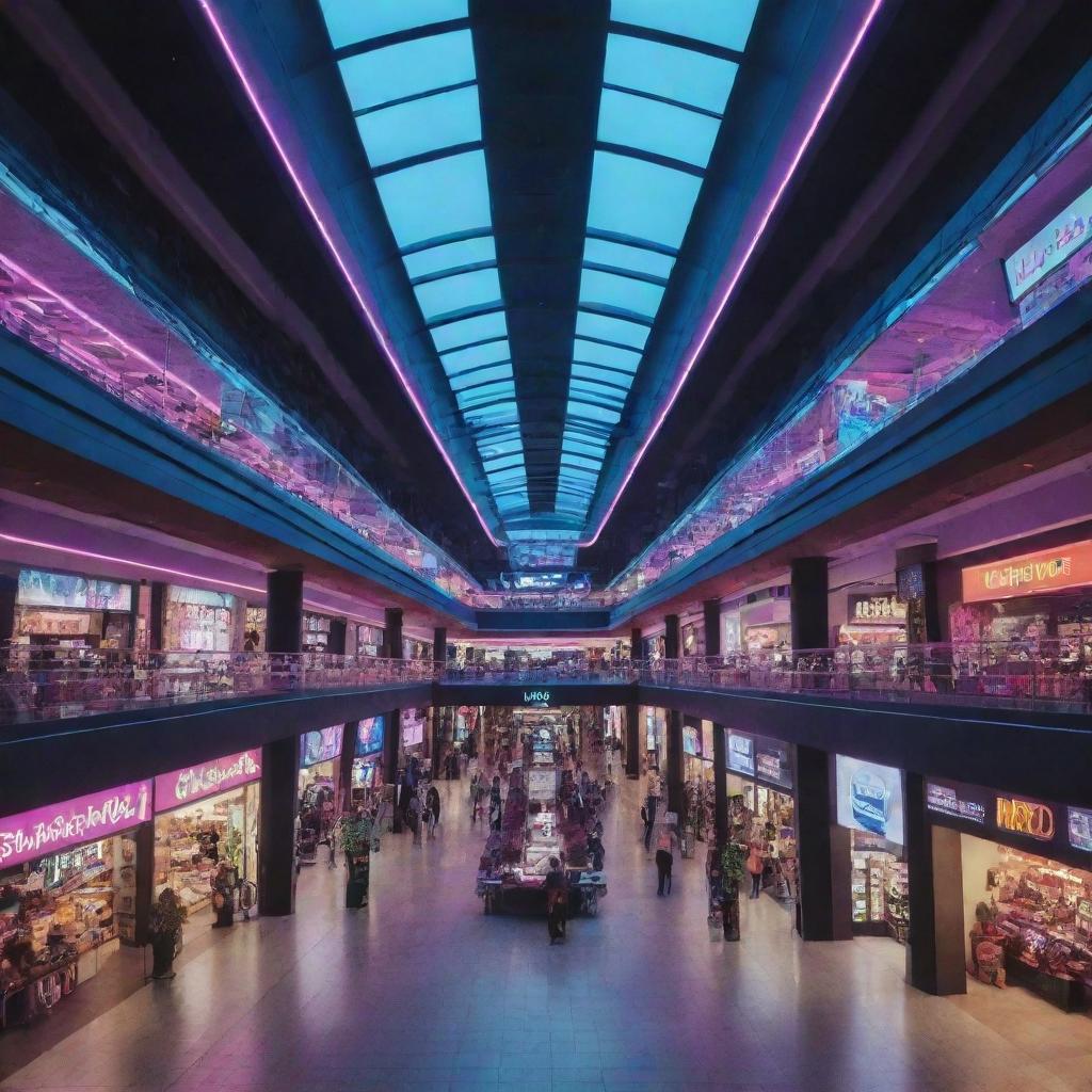 An inside view of a shopping mall steeped in an electropunk revisioning, pulsing with vibrant neon lights, futuristic displays, and an array of shops gleaming with digital screens.