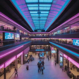 An inside view of a shopping mall steeped in an electropunk revisioning, pulsing with vibrant neon lights, futuristic displays, and an array of shops gleaming with digital screens.