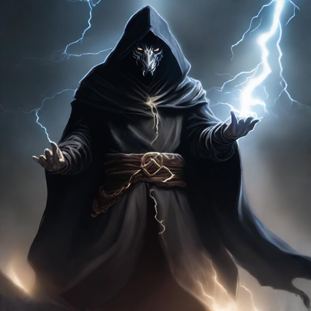 A Dragonborn sorcerer is depicted wearing black robes with a white hood, holding a bolt of lightning in his hand