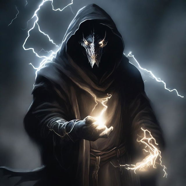 A Dragonborn sorcerer is depicted wearing black robes with a white hood, holding a bolt of lightning in his hand