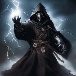 A Dragonborn sorcerer is depicted wearing black robes with a white hood, holding a bolt of lightning in his hand