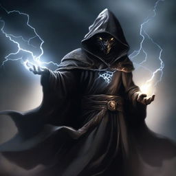 A Dragonborn sorcerer is depicted wearing black robes with a white hood, holding a bolt of lightning in his hand