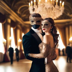 A mysterious handsome masked man at a lavish masquerade ball, elegantly dancing with a beautiful brown-haired damsel who is also wearing a mask