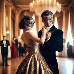 A mysterious handsome masked man at a lavish masquerade ball, elegantly dancing with a beautiful brown-haired damsel who is also wearing a mask