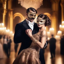 A mysterious handsome masked man at a lavish masquerade ball, elegantly dancing with a beautiful brown-haired damsel who is also wearing a mask