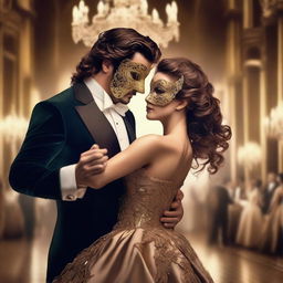 A mysterious handsome masked man with dark, wavy hair brushed back, at a lavish masquerade ball, elegantly dancing with a beautiful brown-haired damsel who is also wearing a mask