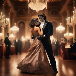 A mysterious handsome masked man with dark, wavy hair brushed back, at a lavish masquerade ball, elegantly dancing with a beautiful brown-haired damsel who is also wearing a mask