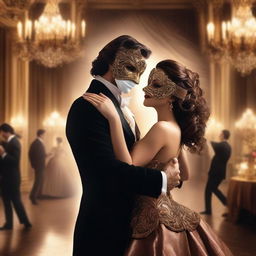 A mysterious handsome masked man with dark, wavy hair brushed back, at a lavish masquerade ball, elegantly dancing with a beautiful brown-haired damsel who is also wearing a mask