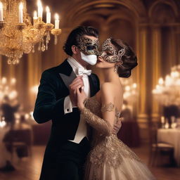 A mysterious handsome masked man with dark, wavy hair brushed back, at a lavish masquerade ball, elegantly dancing with a beautiful brown-haired damsel who is also wearing a mask