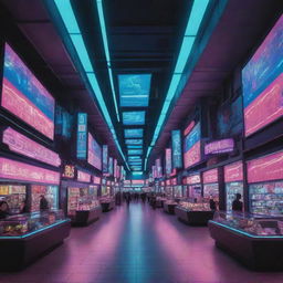 The interior of a shopping mall rendered in a cyberpunk manner, filled with neon-drenched storefronts, high-tech digital banners, and a sprawling landscape of futuristic commercial chaos.