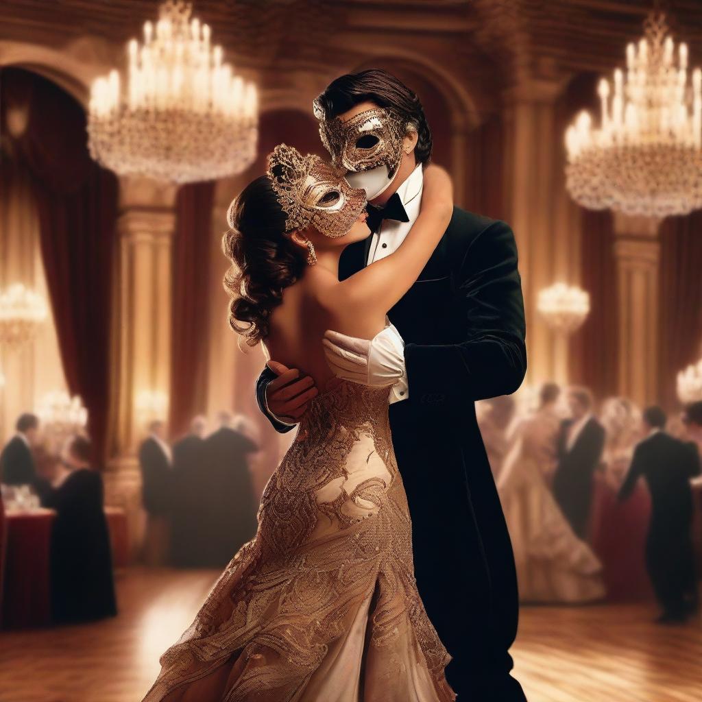 A mysterious handsome masked man with dark, wavy hair brushed back, at a lavish masquerade ball, elegantly dancing with a beautiful brown-haired damsel who is also wearing a mask